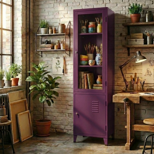 ארון מתכת דלתות זכוכית גבוה עם דלת אטומה - צבע סגול