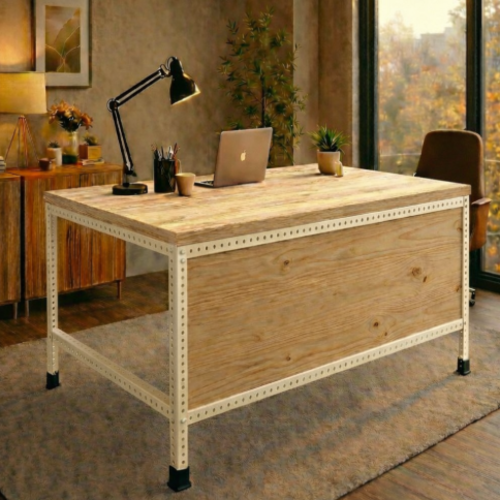 שולחן עבודה מודולרי UrbanPro 120 קרם  כולל סגירת חזית משטח עליון עץ אורן 