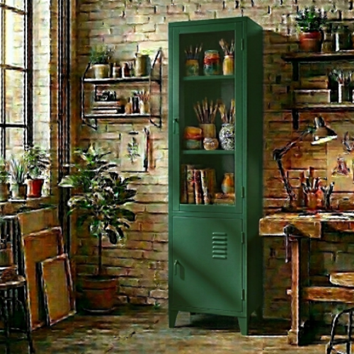 ארון מתכת דלתות זכוכית גבוה עם דלת אטומה - צבע ירוק