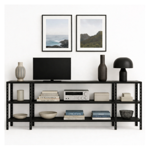 מזנון מתכת מודולרי – עיצוב חכם וגמיש לבית - צבע שחור - גובה 100 ס"מ אורך 240 ס"מ  3 קומות