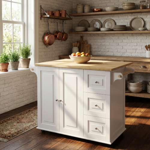 אי-מטבח “שקדיה פרימיום” על גלגלים עם משטח עץ, דלתות + מגירות, ותוספת צד מתקפלת