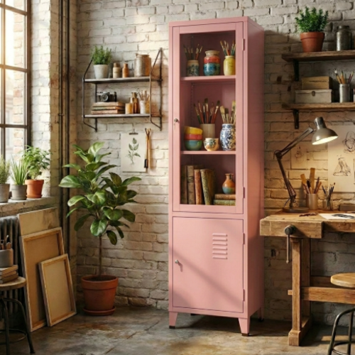 ארון מתכת דלתות זכוכית גבוה עם דלת אטומה - צבע ורוד