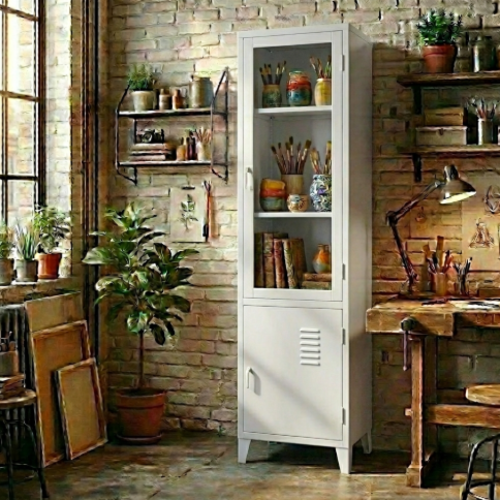 ארון מתכת דלתות זכוכית גבוה עם דלת אטומה - צבע לבן