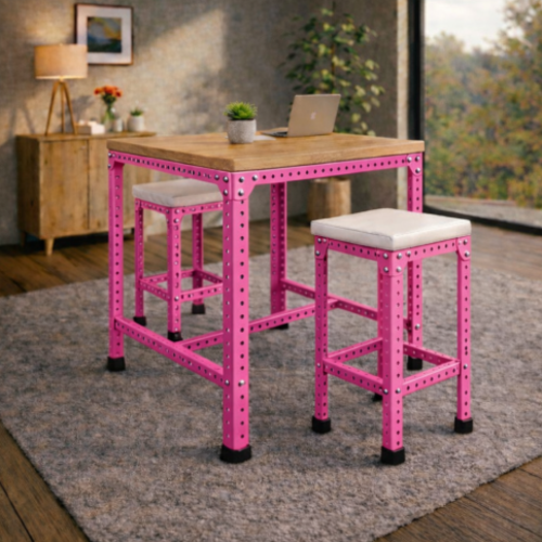 סט בר “נורדן 70” – שולחן בר + 2 כיסאות בר מתכת־עץ  מושב ריפוד (גובה 100 ס״מ) ורוד 