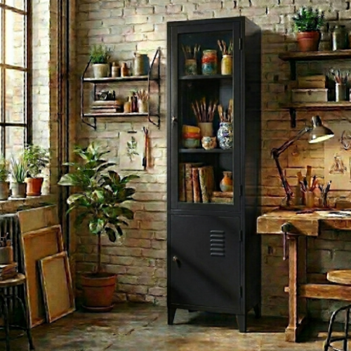 ארון מתכת דלתות זכוכית גבוה עם דלת אטומה - צבע שחור