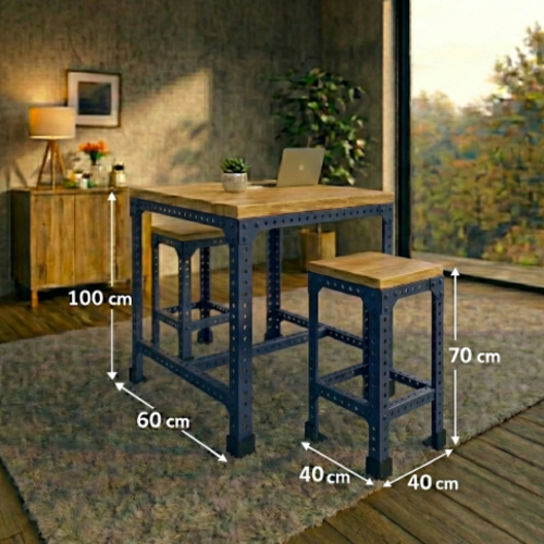 סט בר “נורדן 70” – שולחן בר + 2 כיסאות בר מתכת־עץ (גובה 100 ס״מ) כחול כהה 