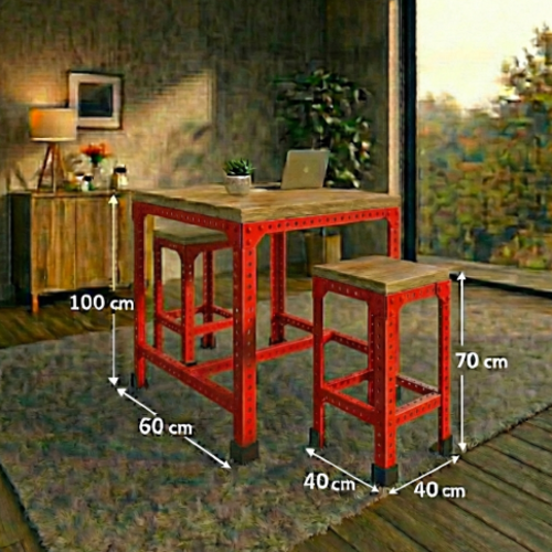 סט בר “נורדן 70” – שולחן בר + 2 כיסאות בר מתכת־עץ (גובה 100 ס״מ) אדום