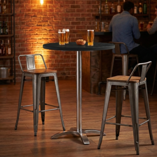 שולחן בר עגול רגל אלומיניום משטח עץ אלון  מושחר דגם בריסטול