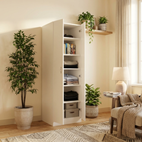 ארון  בגדים / שרות 2 דלתות דגם גילת עומק מיוחד 50 ס"מ עם 6 תאי איחסון  - צבע לבן 6107G