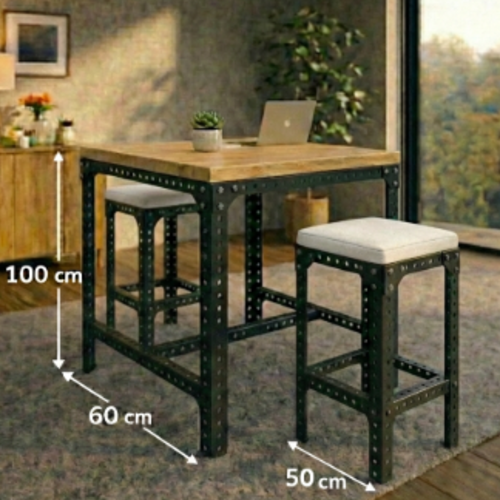 סט בר “נורדן 70” – שולחן בר + 2 כיסאות בר מתכת־עץ  מושב ריפוד (גובה 100 ס״מ) שחור