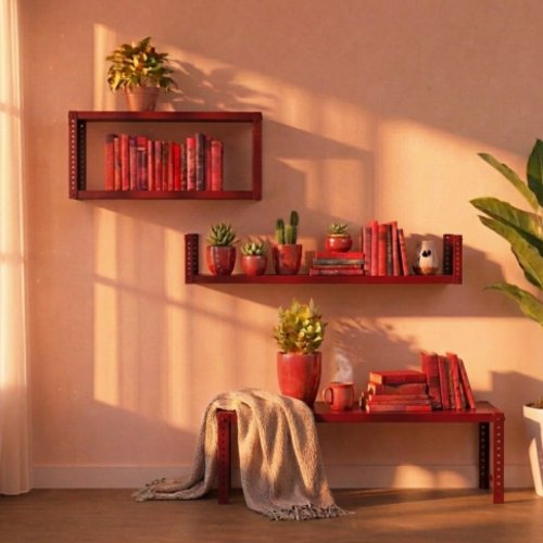 סט מתכת מודולרי UrbanFlex לבית – שולחן ומדפים בעיצוב תעשייתי אדום