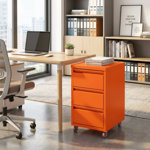 שידה 3 מגירות + גלגלים צבע כתום