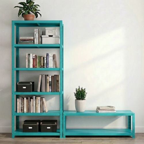 ספריית מתכת מודולרית AquaFlex עם יחידת נמוכה משולבת טורקיז