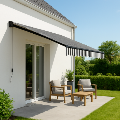 סוכך זרועות ידני 200 ס"מ נפתח  / 295 ס"מ על הקיר . - צבע אפור כהה פסים