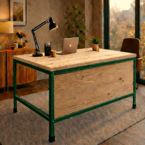 שולחן עבודה מודולרי UrbanPro 120 ירוק בקבוק כולל סגירת חזית משטח עליון עץ אורן 