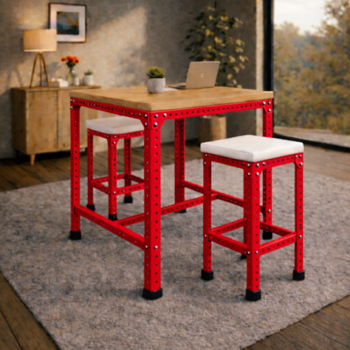 סט בר “נורדן 70” – שולחן בר + 2 כיסאות בר מתכת־עץ  מושב ריפוד (גובה 100 ס״מ) אדום