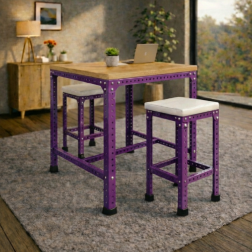 סט בר “נורדן 70” – שולחן בר + 2 כיסאות בר מתכת־עץ  מושב ריפוד (גובה 100 ס״מ) סגול