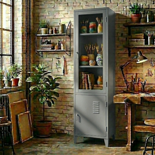 ארון מתכת דלתות זכוכית גבוה עם דלת אטומה - צבע אפור