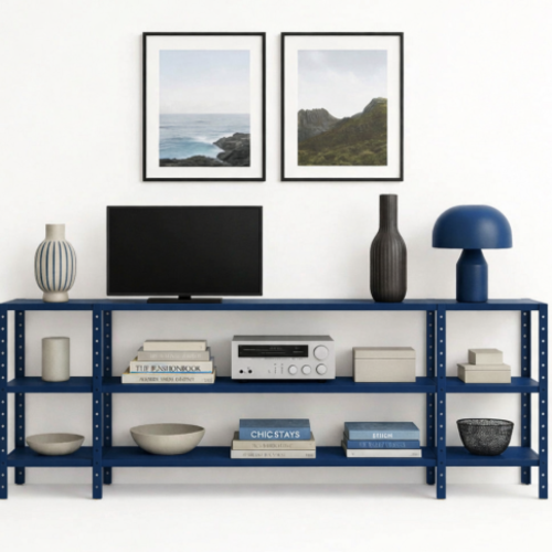 מזנון מתכת מודולרי – עיצוב חכם וגמיש לבית - צבע כחול - גובה 100 ס"מ אורך 240 ס"מ  3 קומות