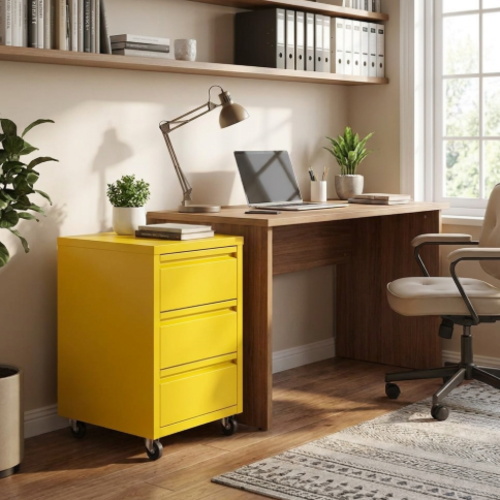 שידה 3 מגירות + גלגלים צבע צהוב