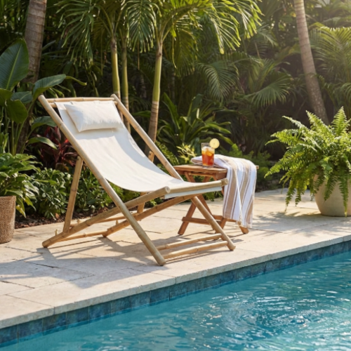 ריביירה זן – מיטת שיזוף מתקפלת מבמבוק עם בד לבן