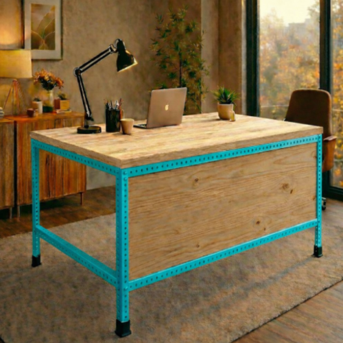 שולחן עבודה מודולרי UrbanPro 120 טורקיז כולל סגירת חזית משטח עליון עץ אורן 