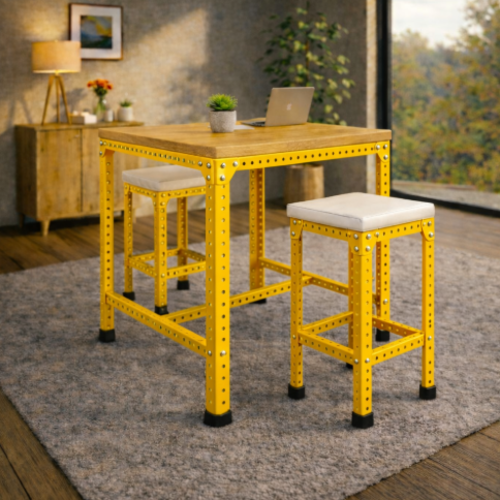 סט בר “נורדן 70” – שולחן בר + 2 כיסאות בר מתכת־עץ  מושב ריפוד (גובה 100 ס״מ) צהוב