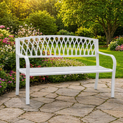 ספסל גינה מתכתי דגם ורונה צבע לבן