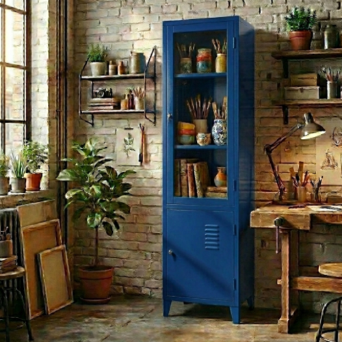 ארון מתכת דלתות זכוכית גבוה עם דלת אטומה - צבע כחול כהה