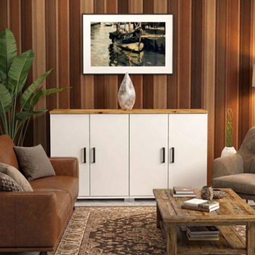 קונסולת אחסון מעוצבת “נורדיו אלגנס” בשילוב משטח עץ אורן ידיות שחורות 