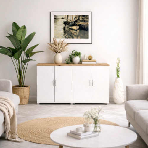 קונסולת אחסון מעוצבת “נורדיו אלגנס” בשילוב משטח עץ אורן