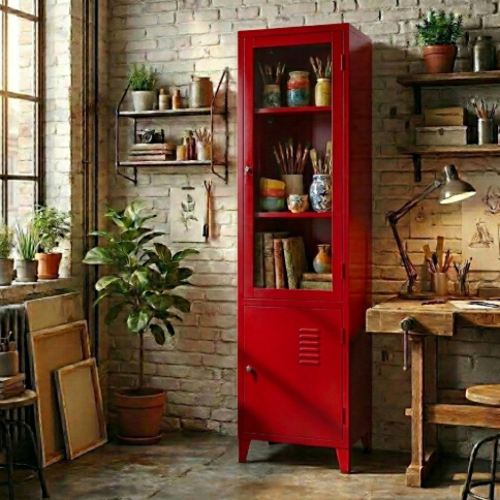 ארון מתכת דלתות זכוכית גבוה עם דלת אטומה - צבע אדום