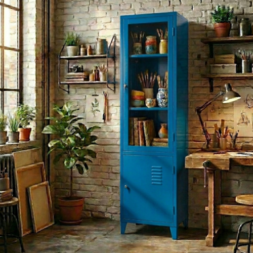 ארון מתכת דלתות זכוכית גבוה עם דלת אטומה - צבע תכלת