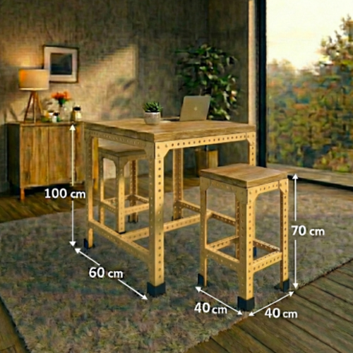 סט בר “נורדן 70” – שולחן בר + 2 כיסאות בר מתכת־עץ (גובה 100 ס״מ) קרם