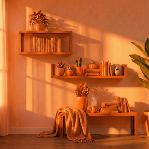 סט מתכת מודולרי UrbanFlex לבית – שולחן ומדפים בעיצוב תעשייתי כתום