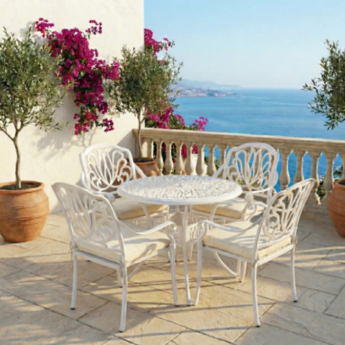 סט ישיבה יוקרתי "רויאל גארדן לבן " – שולחן עגול + 4 כיסאות אלומיניום יצוק