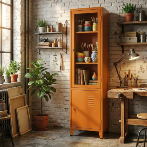 ארון מתכת דלתות זכוכית גבוה עם דלת אטומה - צבע כתום