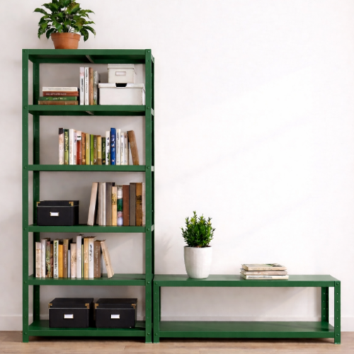 ספריית מתכת מודולרית AquaFlex עם יחידת נמוכה משולבת ירוק