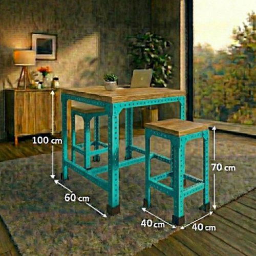 סט בר “נורדן 70” – שולחן בר + 2 כיסאות בר מתכת־עץ (גובה 100 ס״מ) טורקיז