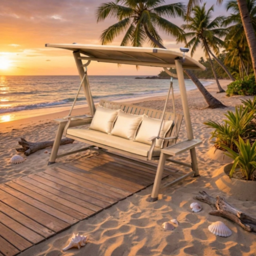 נדנדה מאלומיניום  תלת מושבית אלורה וויט שמפניה  ומשלבת תאורה סולארית הנטענת מקרני השמש