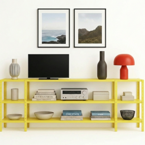 מזנון מתכת מודולרי – עיצוב חכם וגמיש לבית - צבע צהוב - גובה 100 ס"מ אורך 240 ס"מ  3 קומות