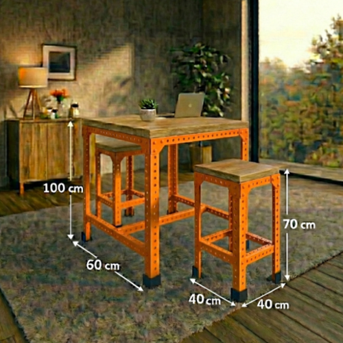 סט בר “נורדן 70” – שולחן בר + 2 כיסאות בר מתכת־עץ (גובה 100 ס״מ) כתום 