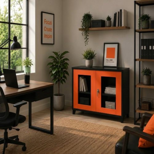 ארון מתכת דלתות זכוכית - צבע כתום שחור