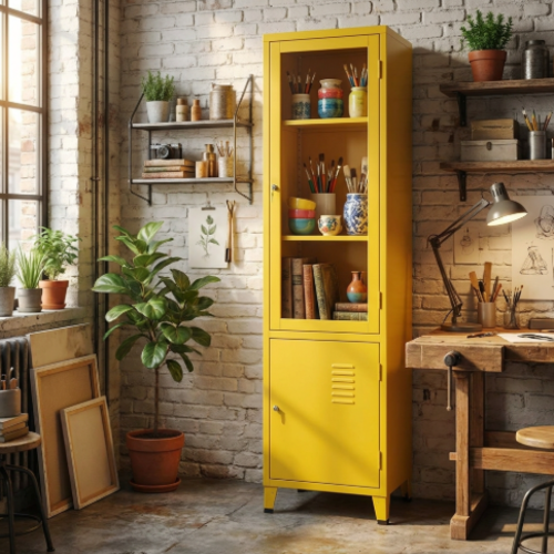 ארון מתכת דלתות זכוכית גבוה עם דלת אטומה - צבע צהוב