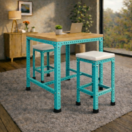 סט בר “נורדן 70” – שולחן בר + 2 כיסאות בר מתכת־עץ  מושב ריפוד (גובה 100 ס״מ) טורקיז