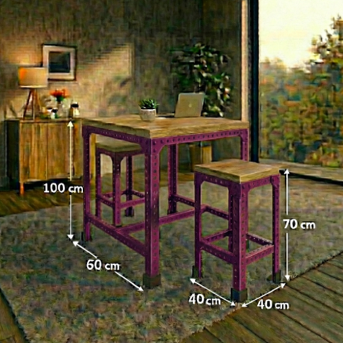 סט בר “נורדן 70” – שולחן בר + 2 כיסאות בר מתכת־עץ (גובה 100 ס״מ) סגול 