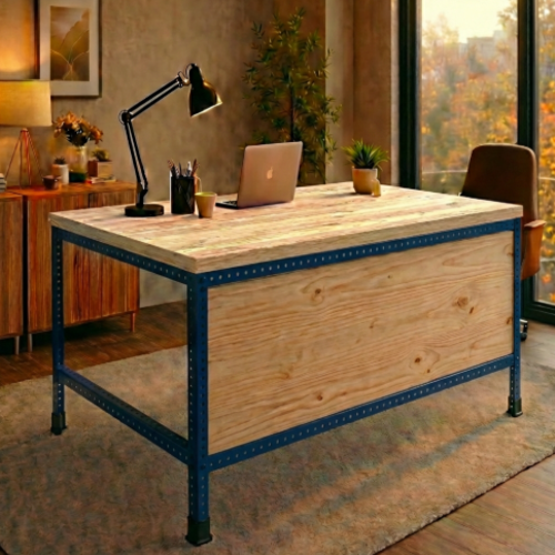 שולחן עבודה מודולרי UrbanPro 120 כחול כההכולל סגירת חזית משטח עליון עץ אורן 