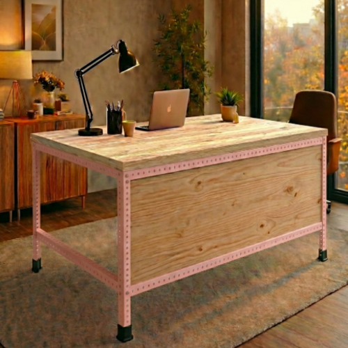 שולחן עבודה מודולרי UrbanPro 120 ורוד ולל סגירת חזית משטח עליון עץ אורן 