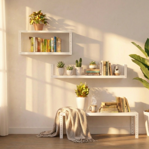 סט מתכת מודולרי UrbanFlex לבית – שולחן ומדפים בעיצוב תעשייתי לבן