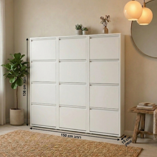 ארון נעליים SlimWall 136  צבע לבן 4 קומות מגיע מורכב מתכת 12 תאים